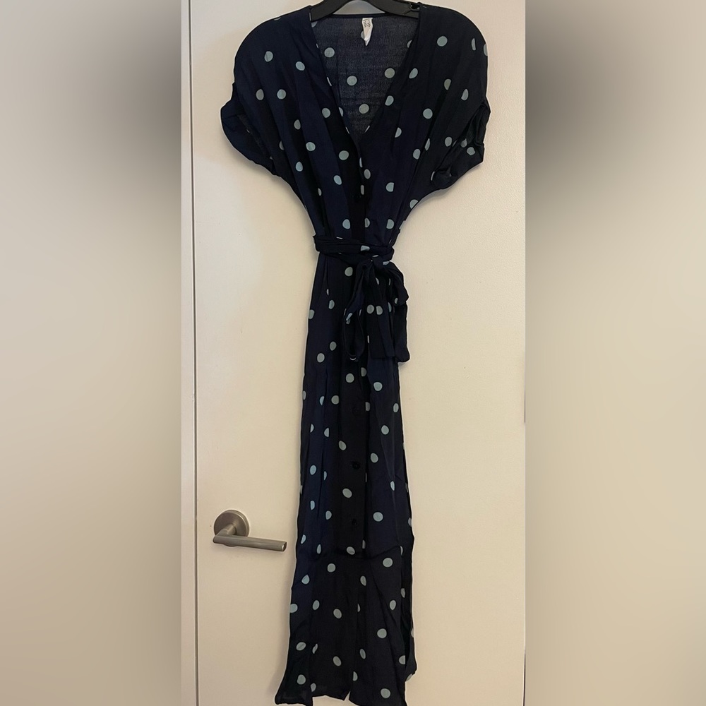 MANGO navy midi dress with turquoise polka dots, XS